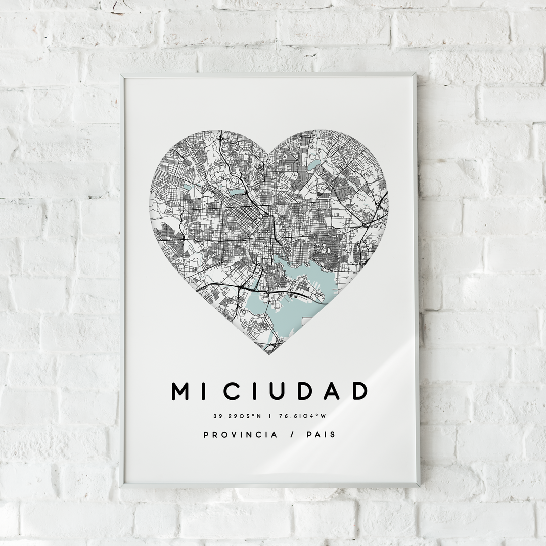 Mapa personalizado de ciudad con forma de corazón para regalo.